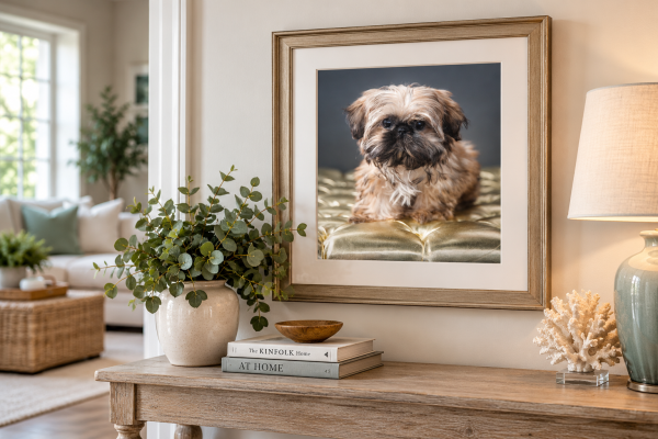 Framed fine art dog portrait displayed in an elegant living room, showcasing custom pet photography