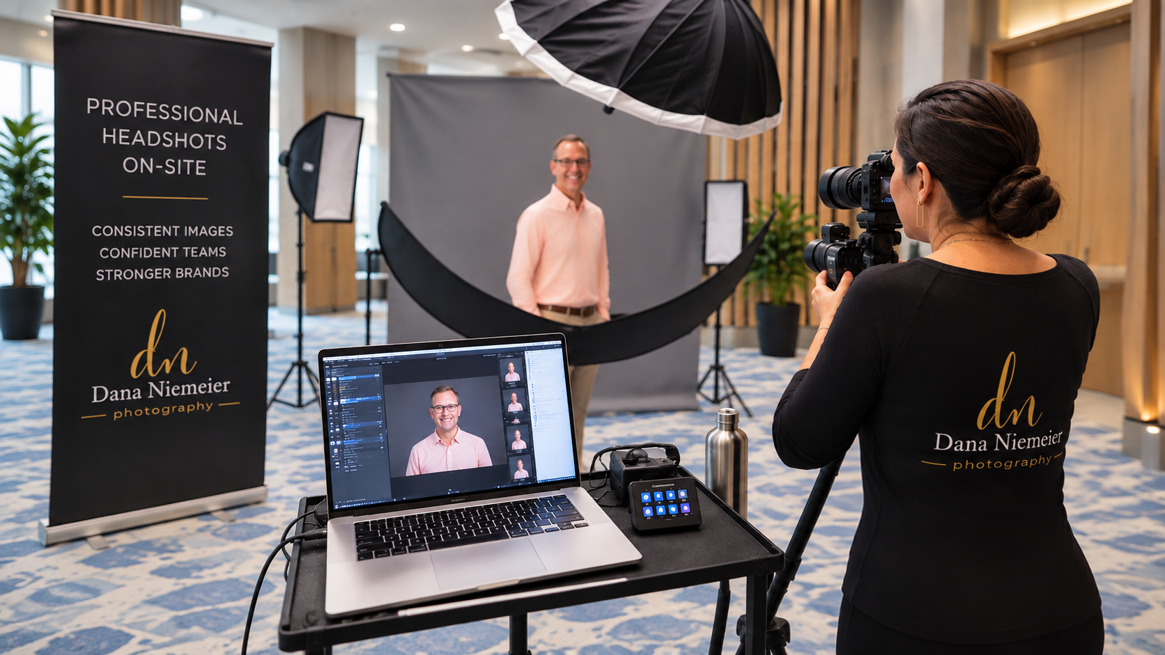     On-site trade show headshot experience with professional photography studio setup